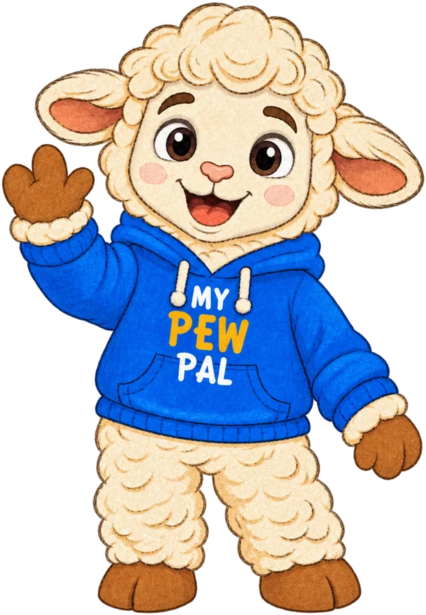 Levi the lamb in a blue My Pew Pal hoodie, waving hello