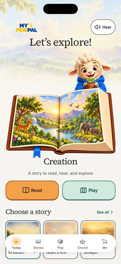 Today screen: Levi says Let's explore over an open storybook of Creation, with Read and Play buttons