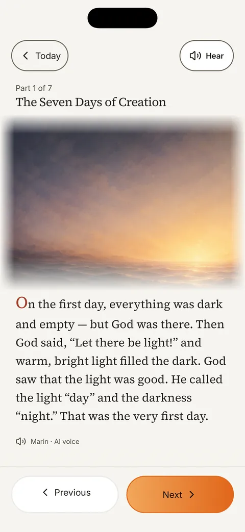 The Seven Days of Creation, part 1 of 7, with a sunrise picture and the story text
