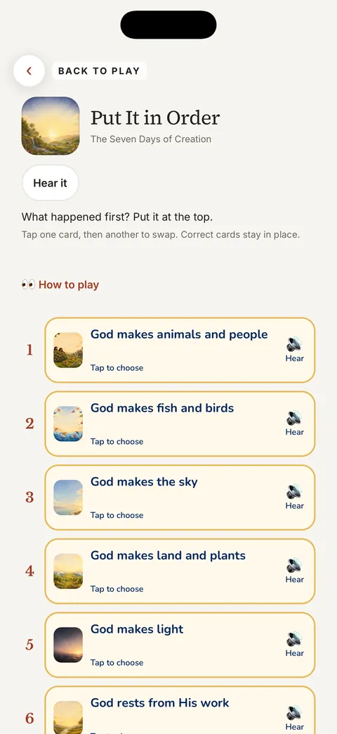 Put It in Order game for The Seven Days of Creation, with six story cards to arrange