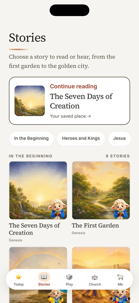 Stories library with Continue reading and story covers for The Seven Days of Creation and The First Garden